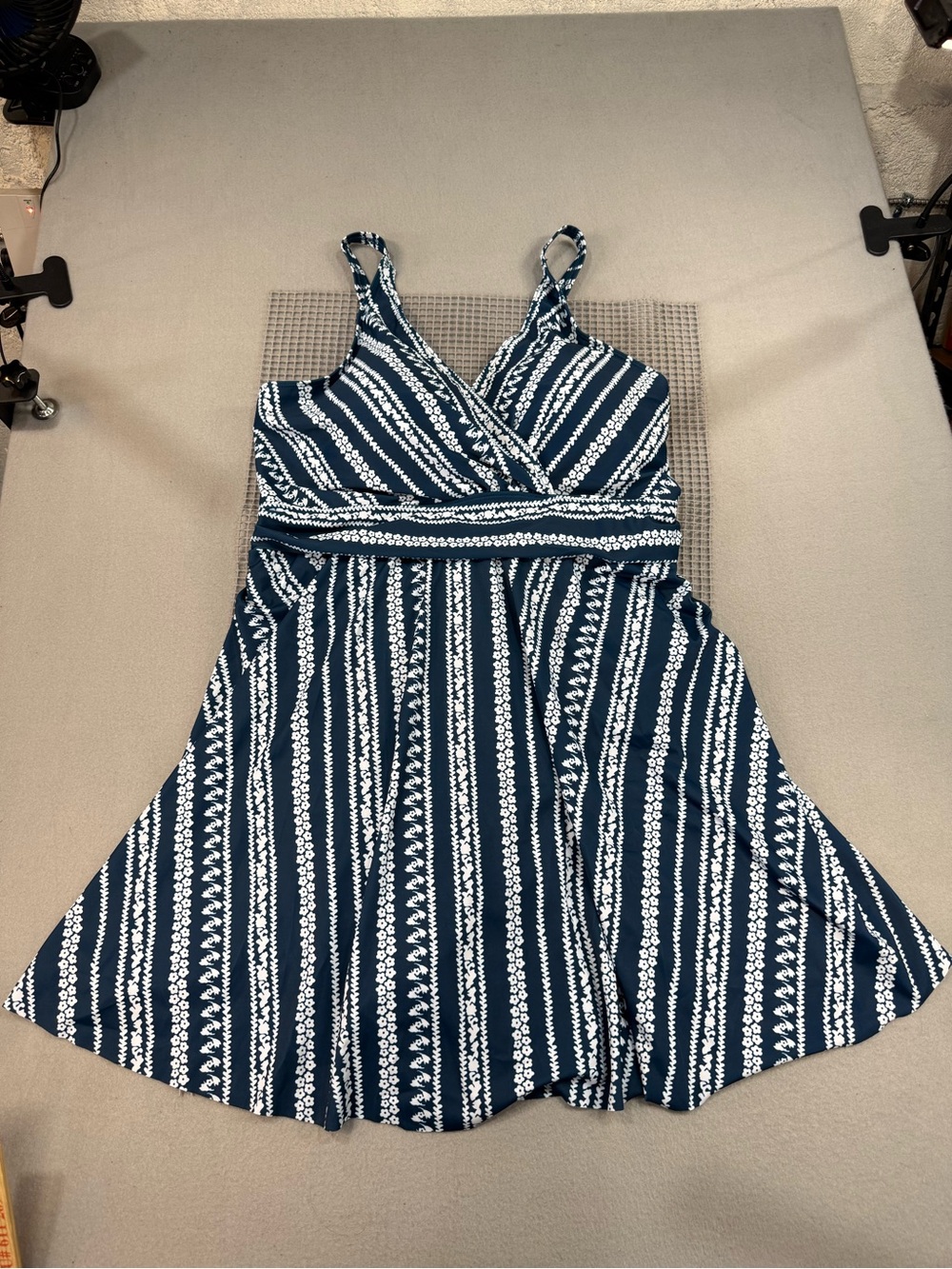 BloomChic Navy and White Striped Swim Dress size 30, adjustable straps